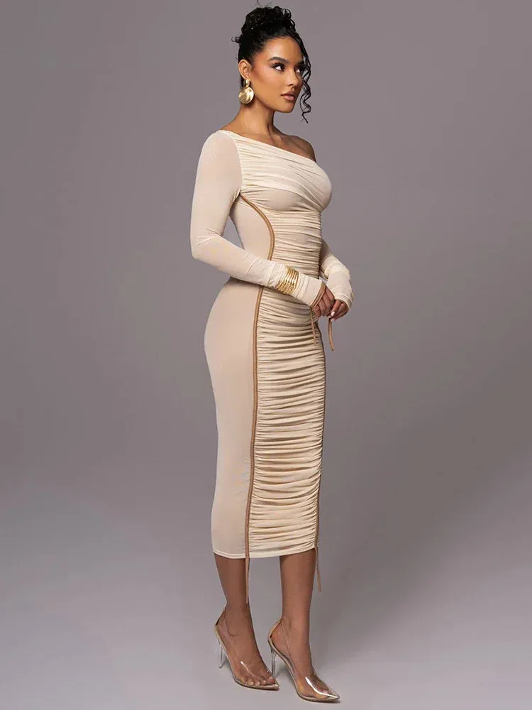 Mesh Backless Ruched Bodycon Long Midi Dress with Diagonal Collar