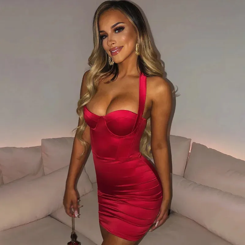 Mini Sexy Satin Sleeveless Ruched Bodycon Backless Dress