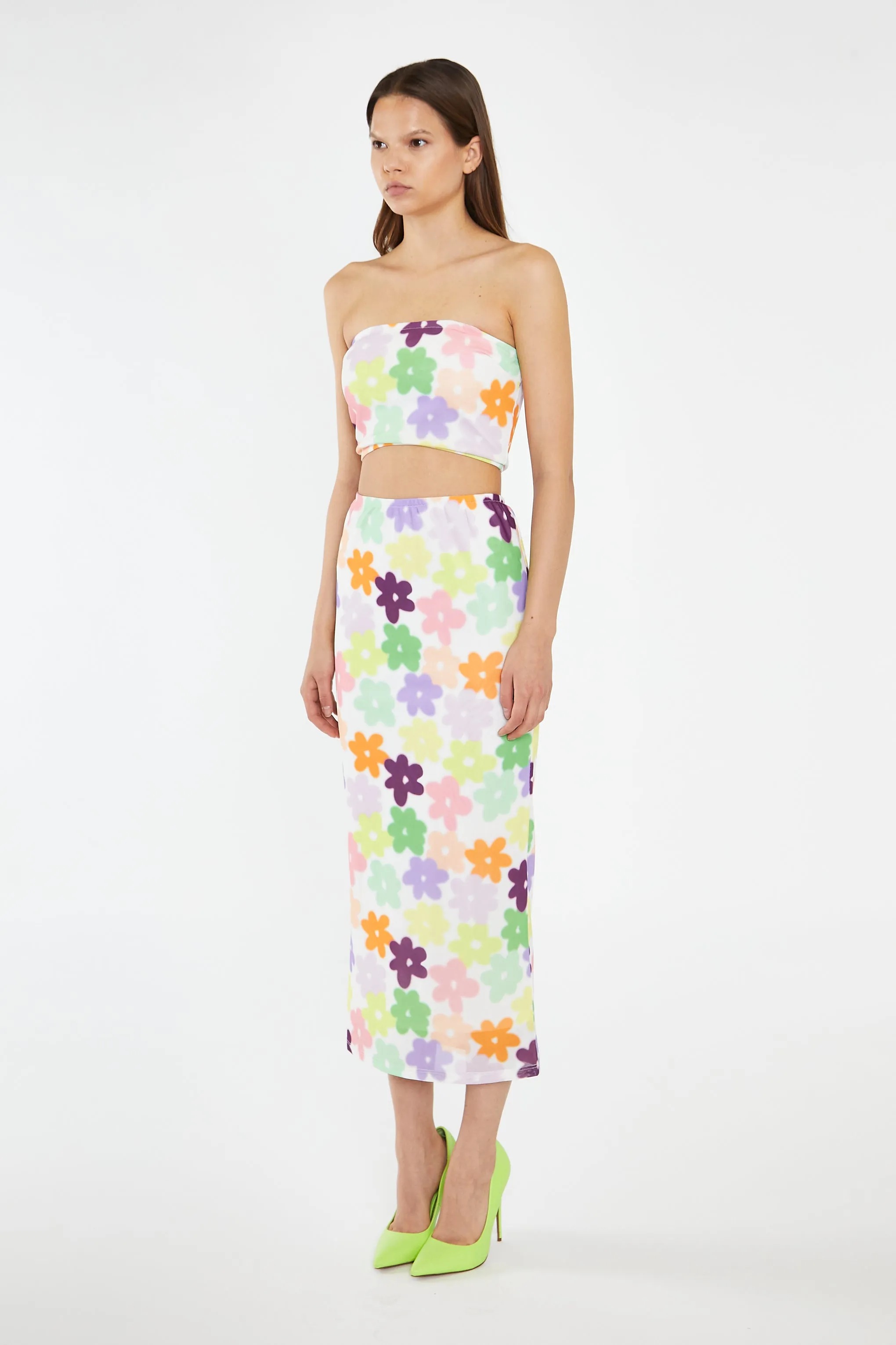 Multi-Flower Mesh Pencil Maxi-Skirt