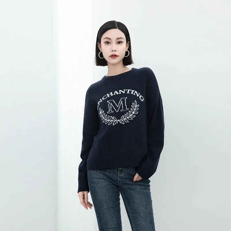 Navy Blue M Pattern Wool Sweater