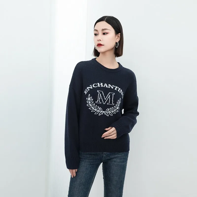 Navy Blue M Pattern Wool Sweater