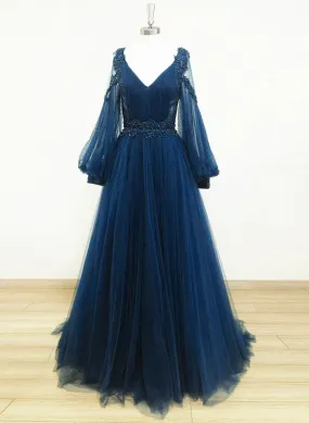 Navy Blue Puffy Sleeves Tulle with Beadings Long Party Dress, Blue Long Prom Dress