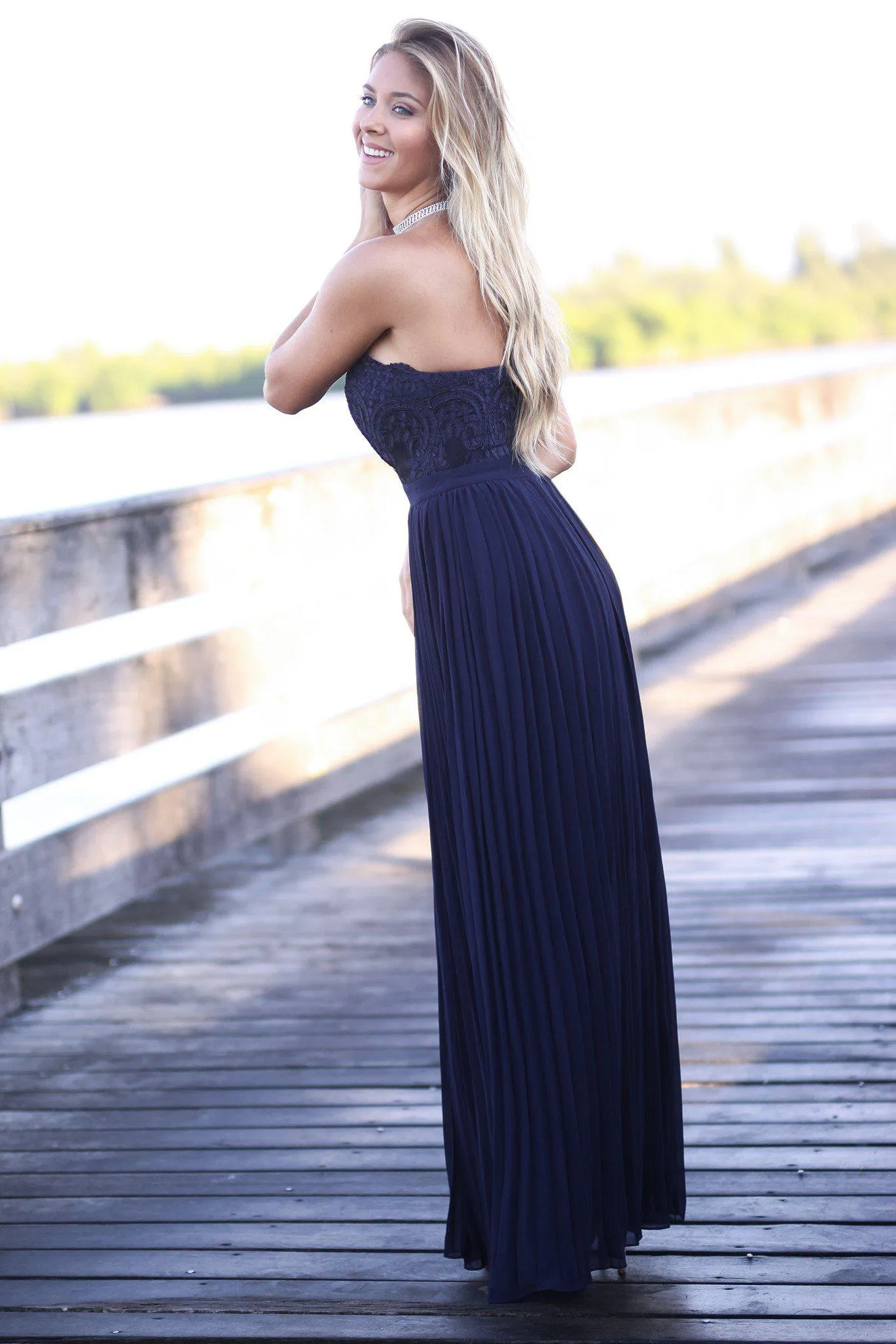 Navy Strapless Pleated Maxi Dress