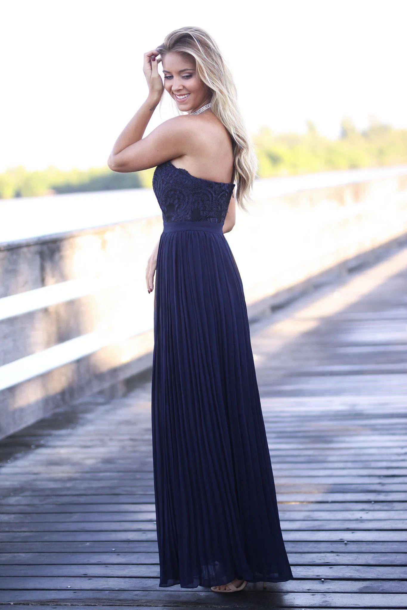 Navy Strapless Pleated Maxi Dress