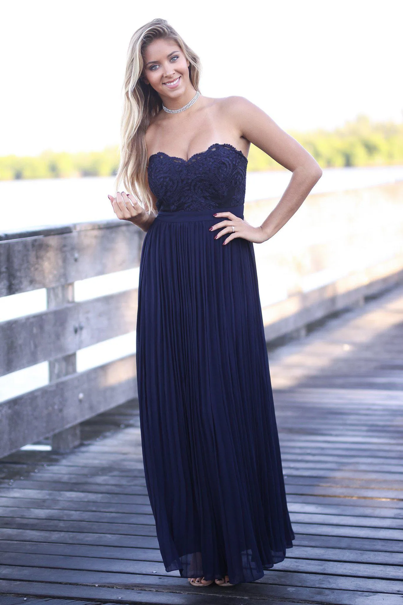 Navy Strapless Pleated Maxi Dress