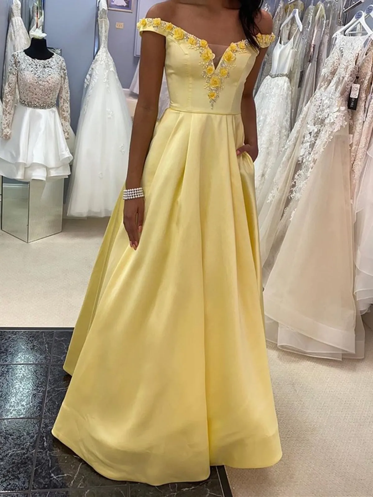 Off Shoulder 3D Flowers Yellow Satin Long Prom, Yellow Floral Formal, Yellow Evening