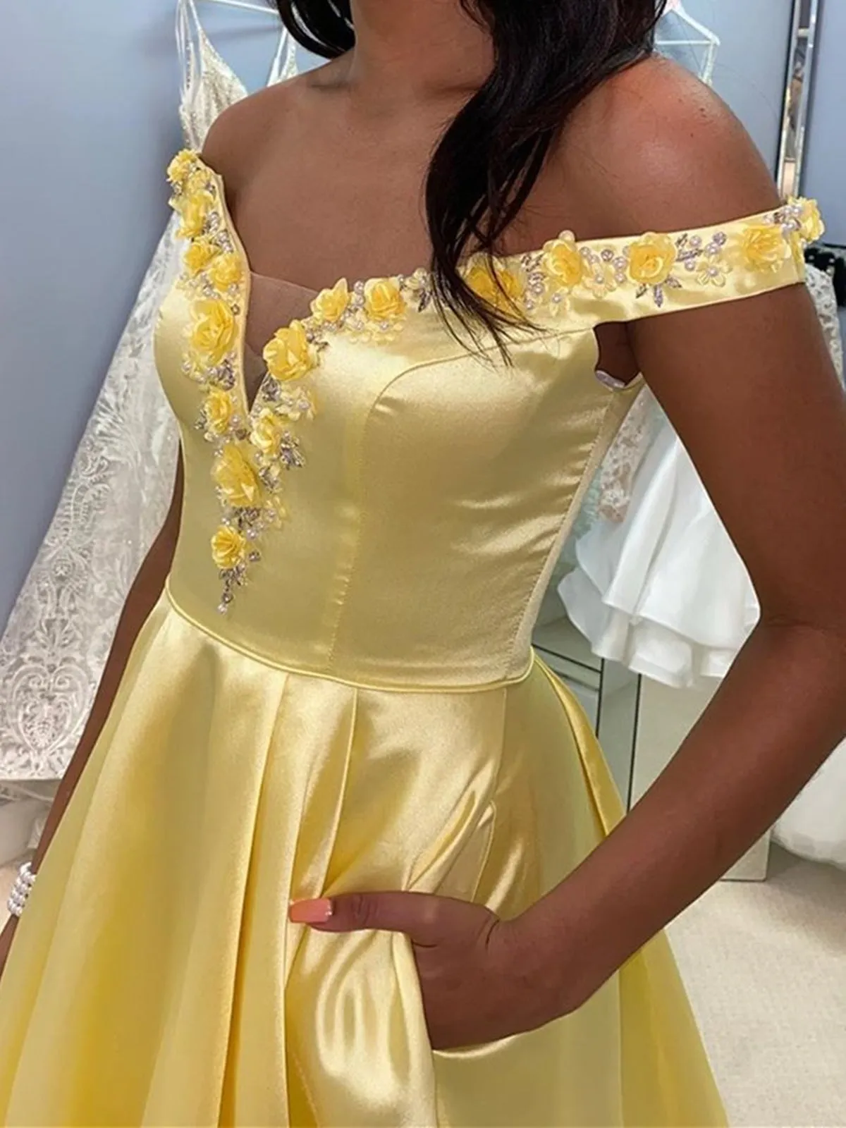 Off Shoulder 3D Flowers Yellow Satin Long Prom, Yellow Floral Formal, Yellow Evening