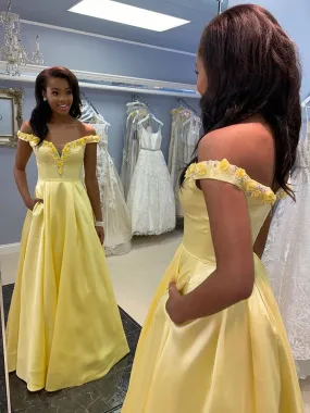 Off Shoulder 3D Flowers Yellow Satin Long Prom, Yellow Floral Formal, Yellow Evening