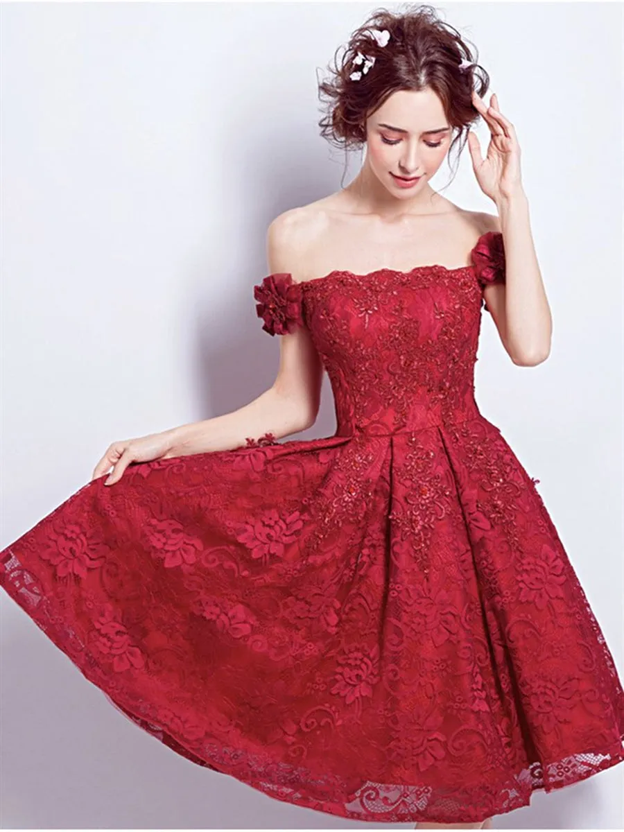 Off Shoulder Burgundy Lace Short Prom Homecoming, Burgundy Lace Formal Graduation Evening, Burgundy Cocktail