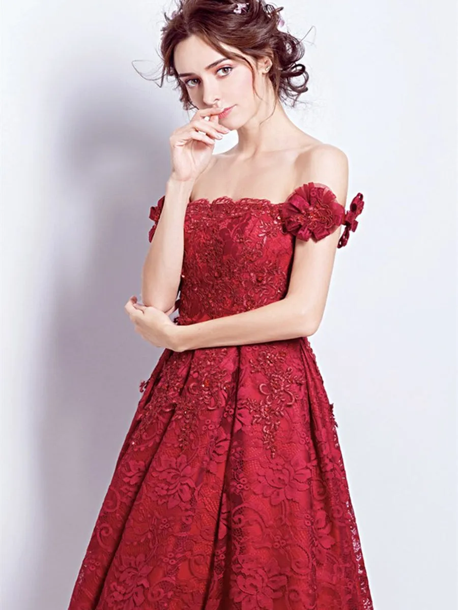 Off Shoulder Burgundy Lace Short Prom Homecoming, Burgundy Lace Formal Graduation Evening, Burgundy Cocktail