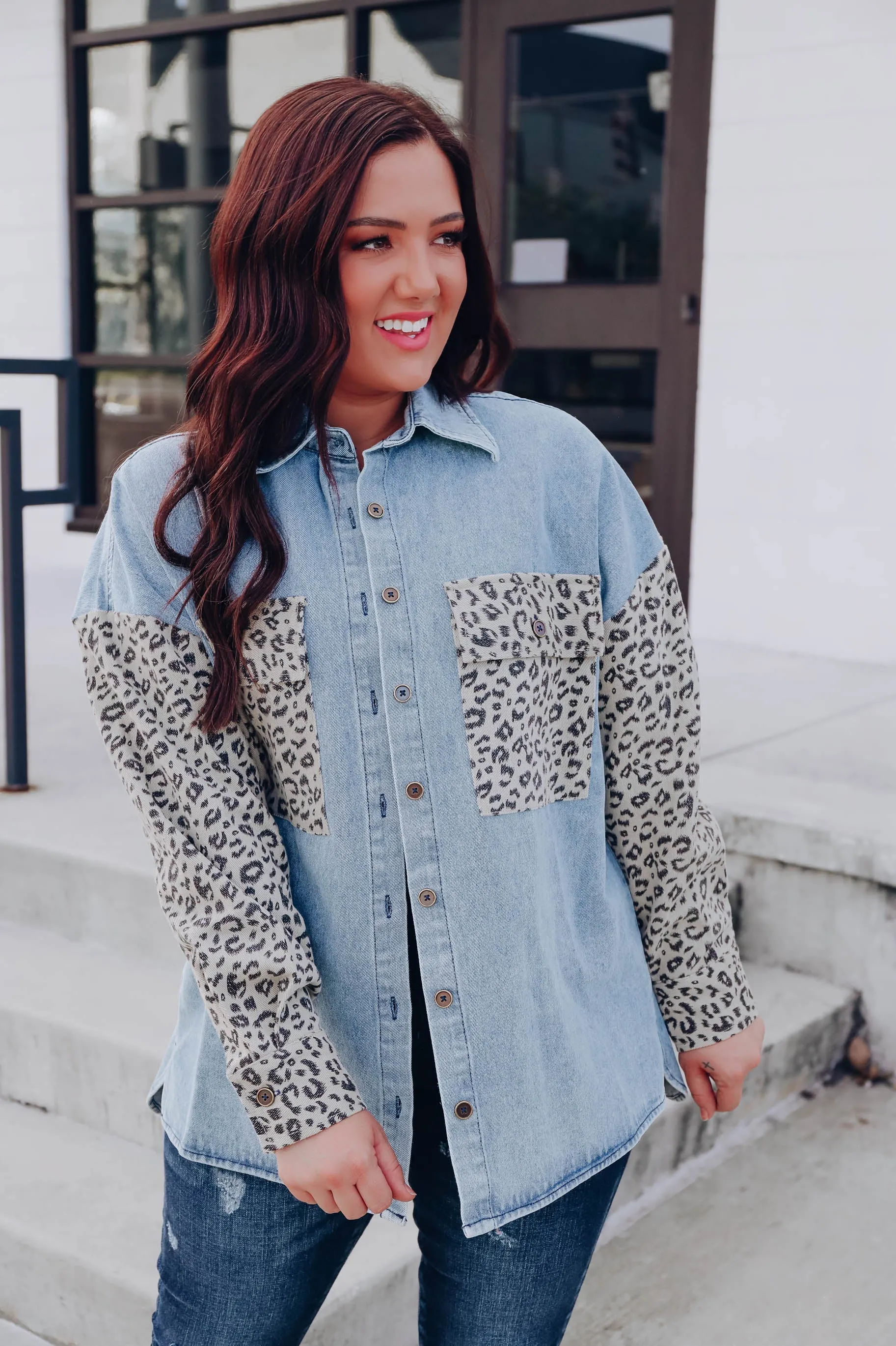 Off The Grid Denim Jacket- Blue/Leopard