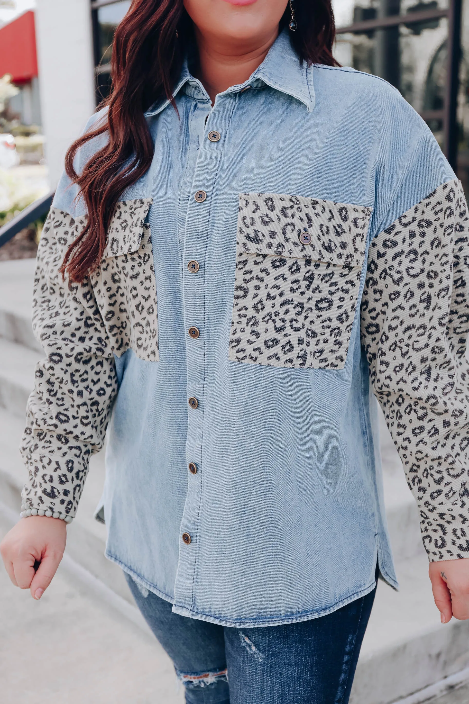 Off The Grid Denim Jacket- Blue/Leopard