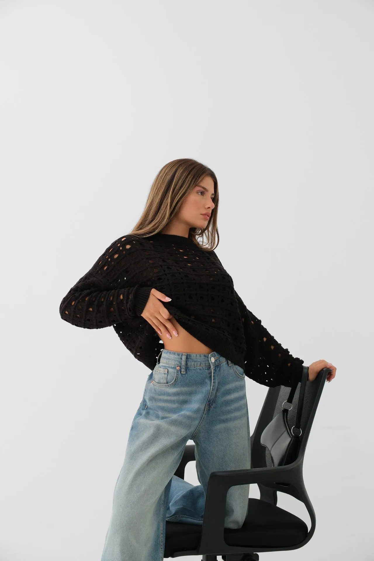 Openwork Crew Neck Sweater