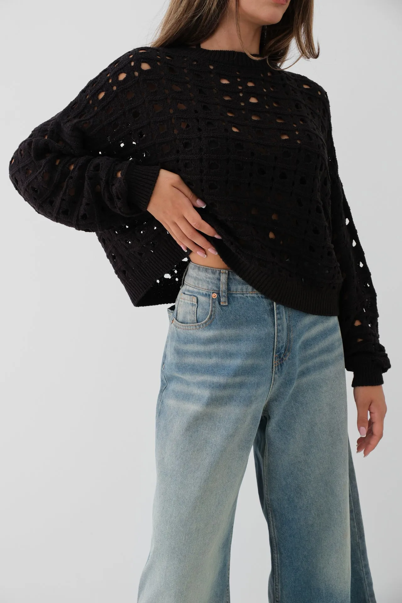 Openwork Crew Neck Sweater