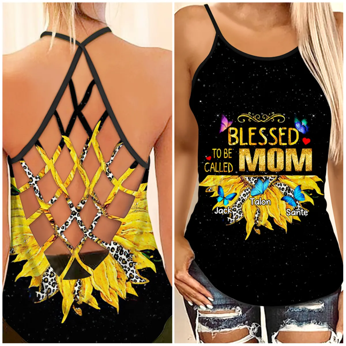 Personalized Blessed to be called Grandma Mom Leopard Butterfly Cross Tank Top, Summer Shirt