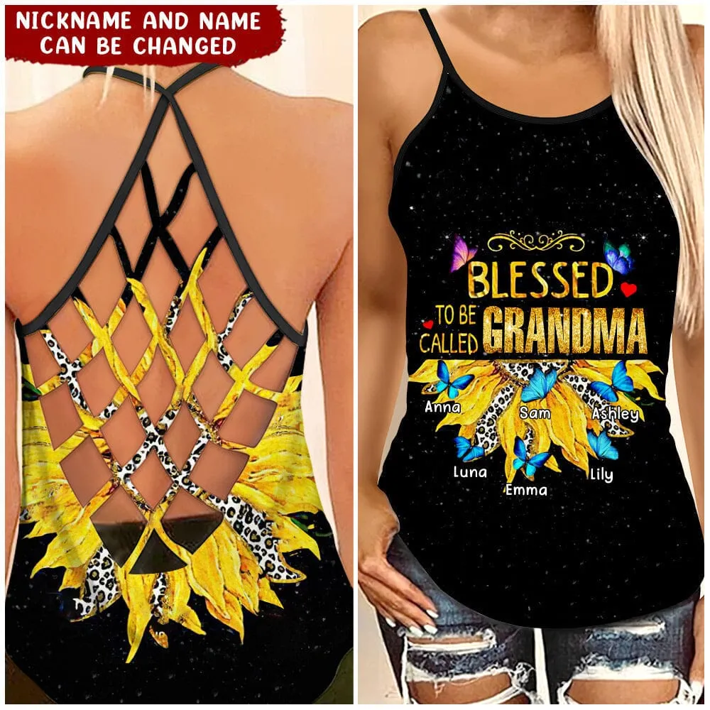 Personalized Blessed to be called Grandma Mom Leopard Butterfly Cross Tank Top, Summer Shirt