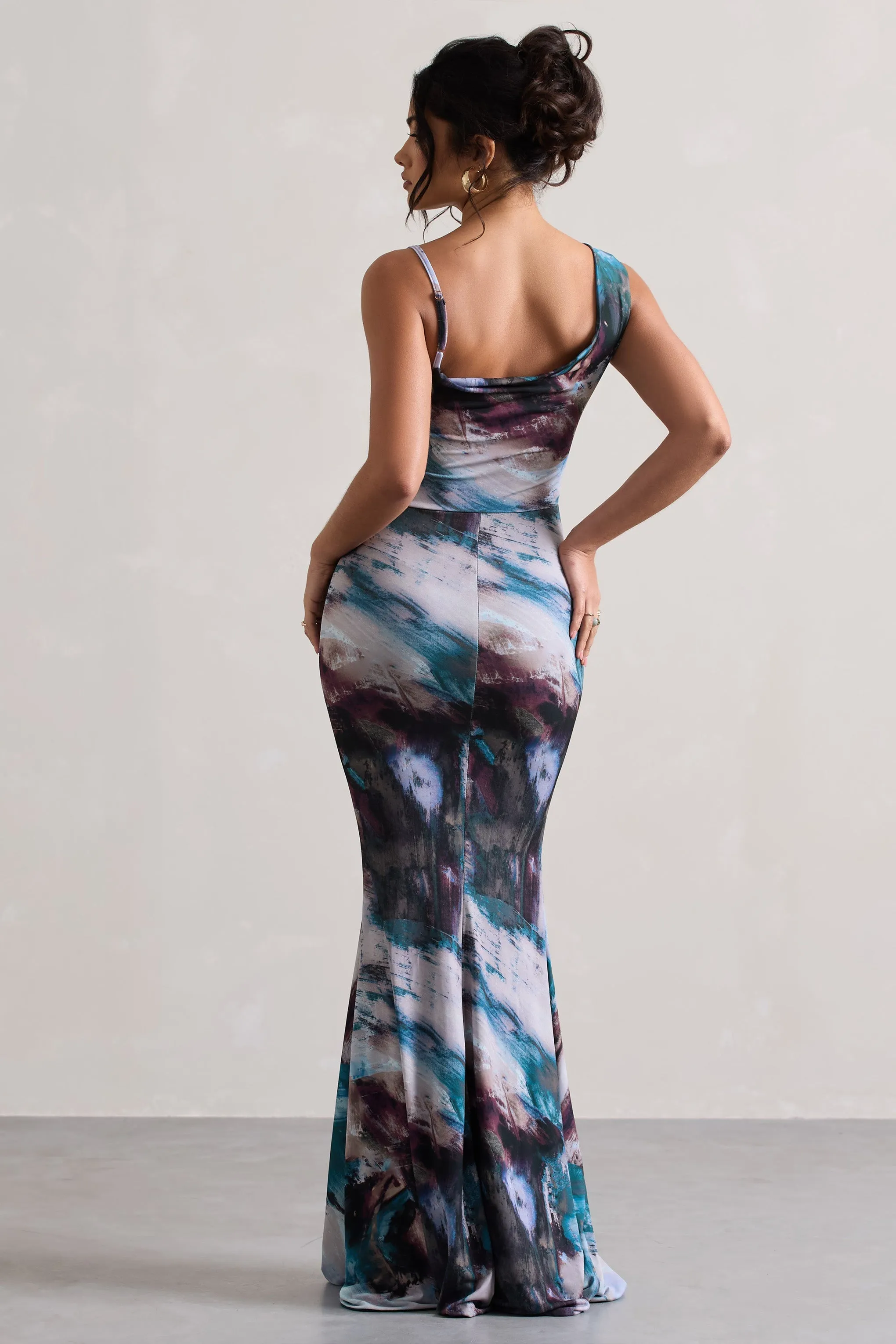 Phantasy | Multi Print Asymmetric Neckline Cowl Maxi Dress