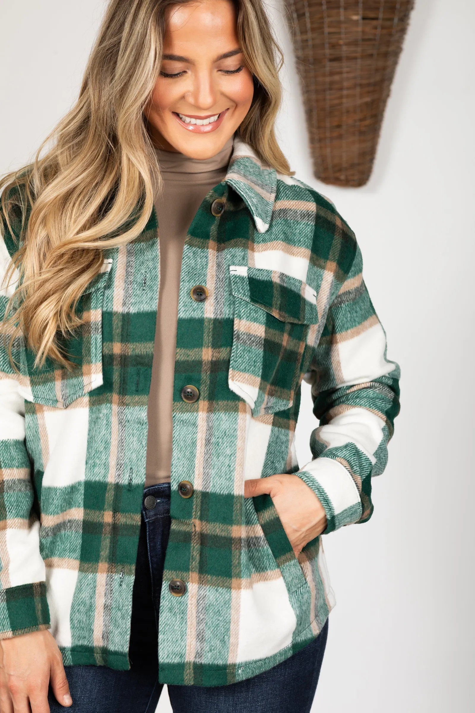 Plaid Button Up Shacket With Side Pockets