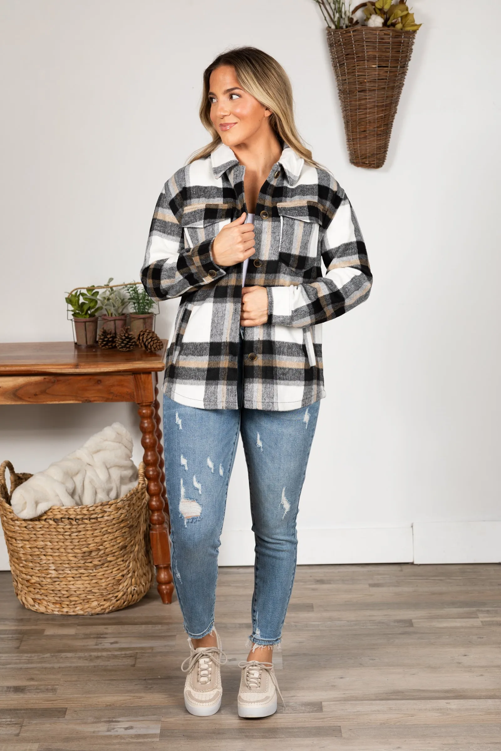 Plaid Button Up Shacket With Side Pockets