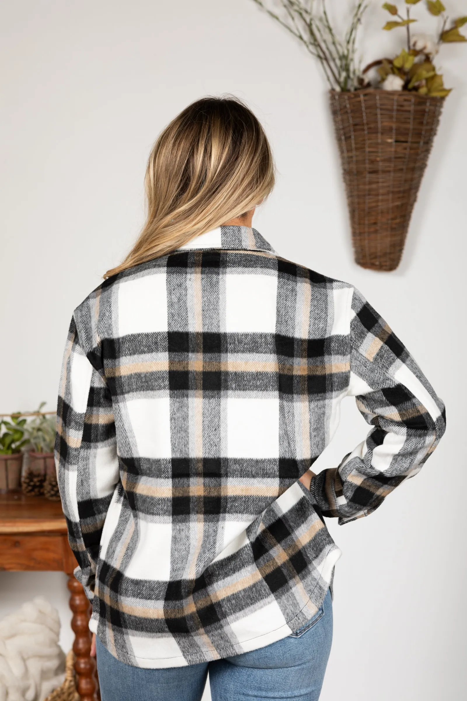 Plaid Button Up Shacket With Side Pockets