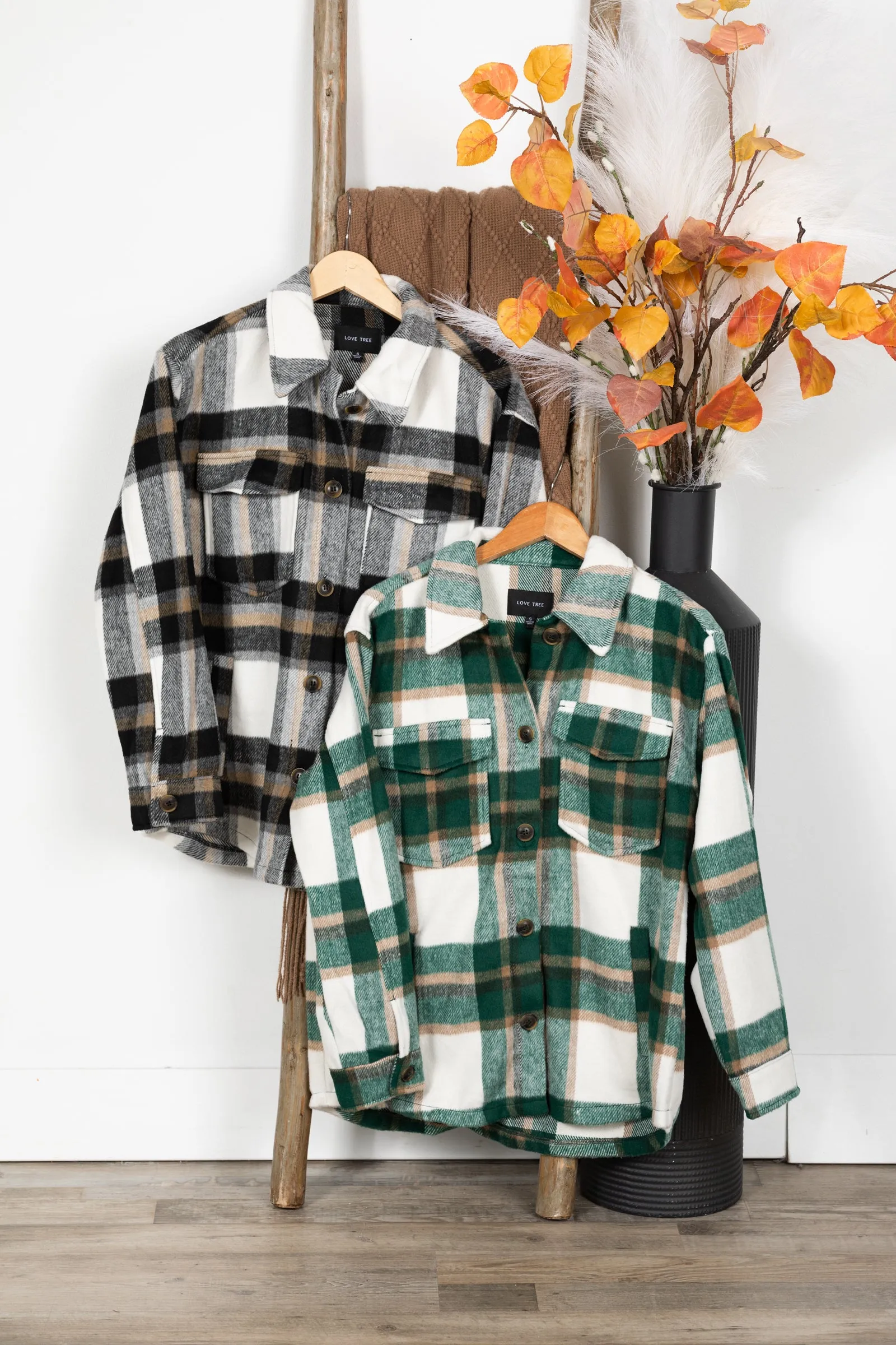 Plaid Button Up Shacket With Side Pockets