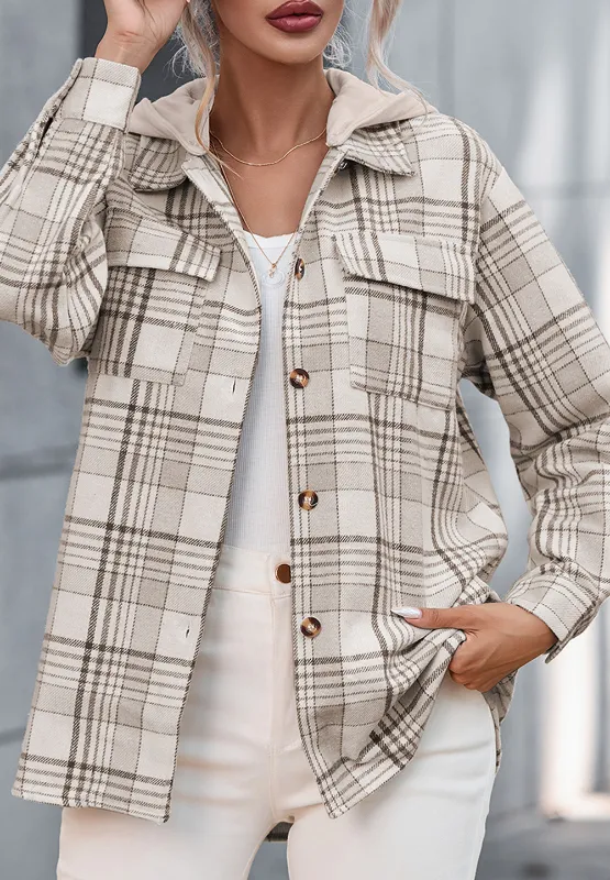 Plaid Removable Hood Button Up Shacket