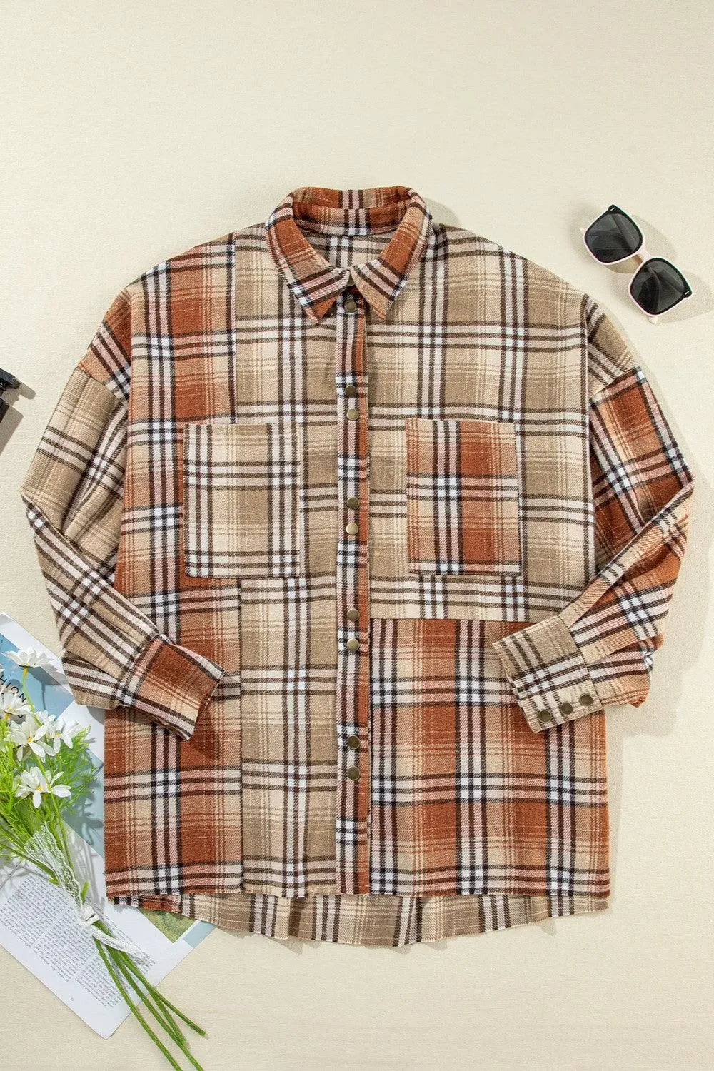 Plaid Shacket Snap Down Dropped Shoulder Shirt Outwear