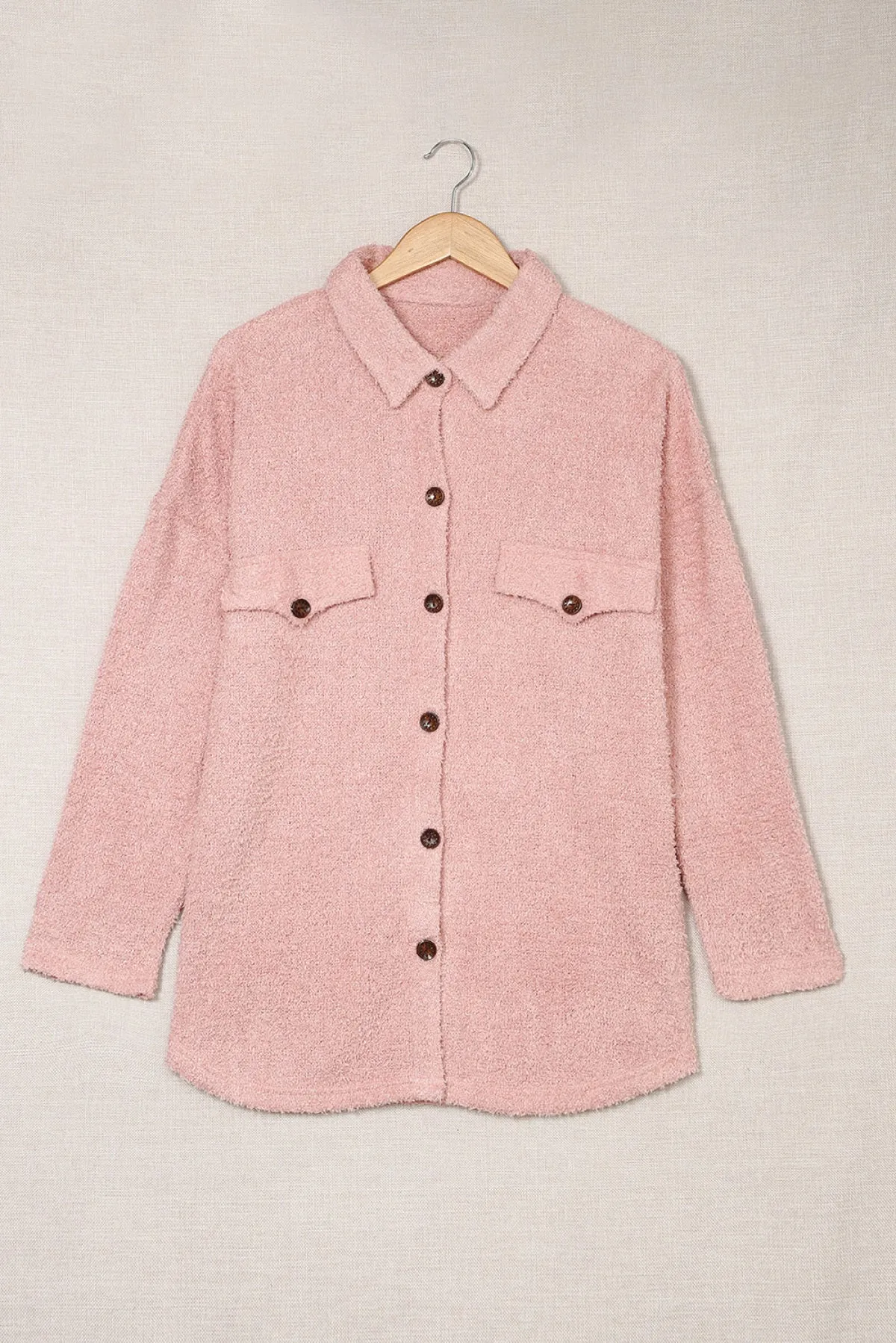 Plush Button Down Pocketed Shirt Shacket - Pink