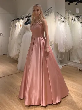 Princess V Neck Satin Long Pink Prom with Cross Back, V Neck Pink Formal Graduation Evening