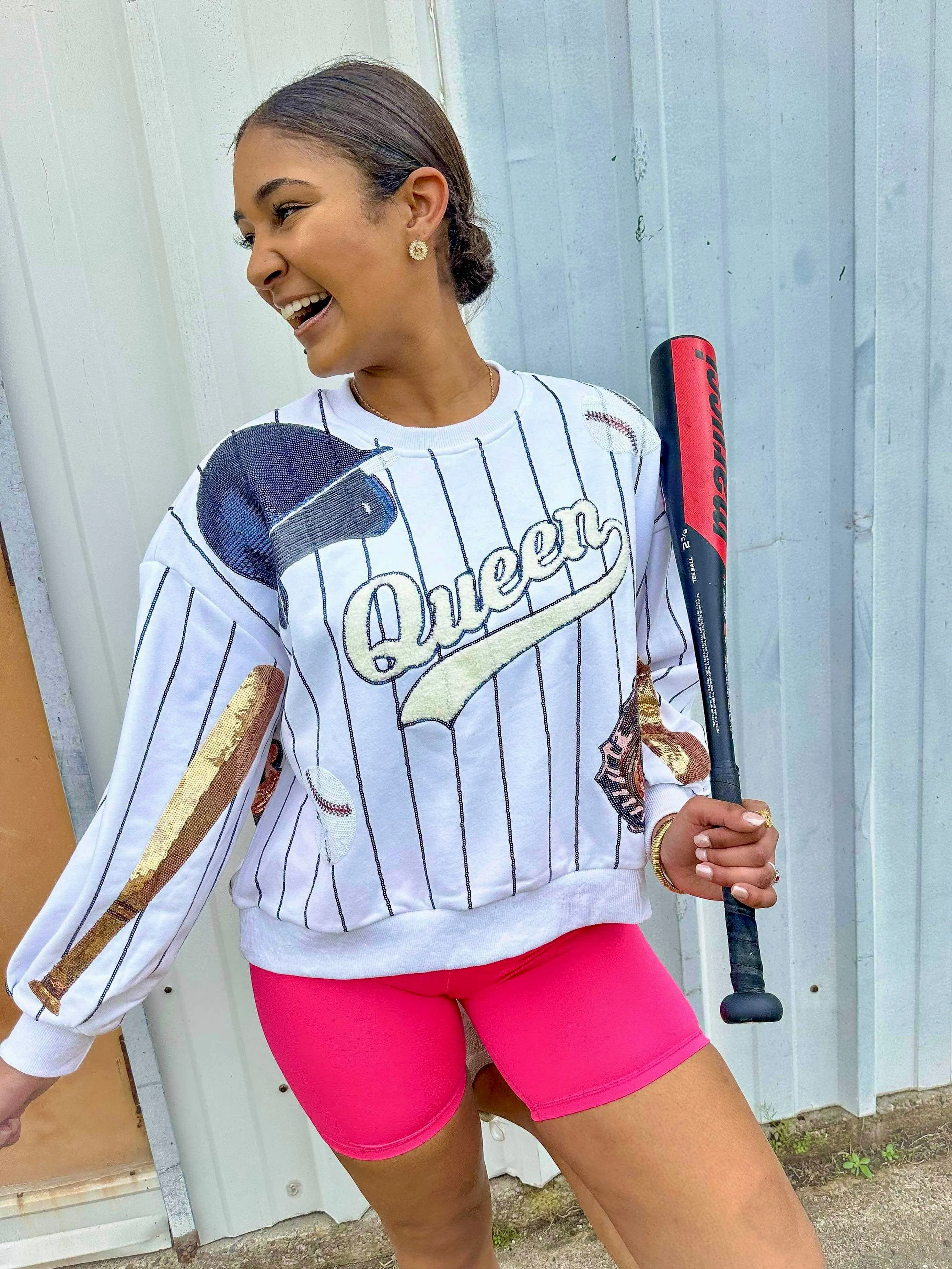 Queen Of Sparkles Baseball Queen Batter Up Sweater White/Navy