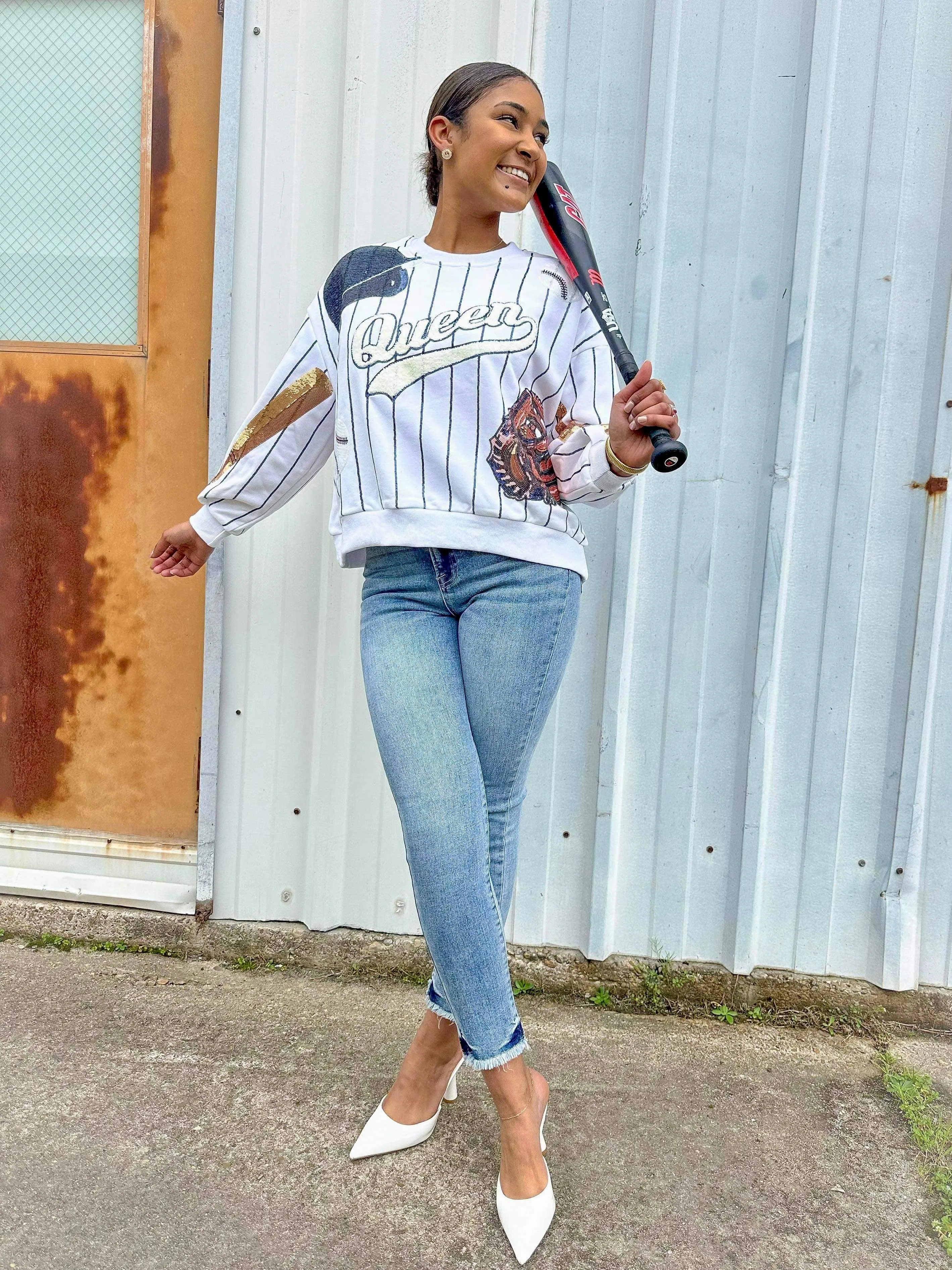 Queen Of Sparkles Baseball Queen Batter Up Sweater White/Navy