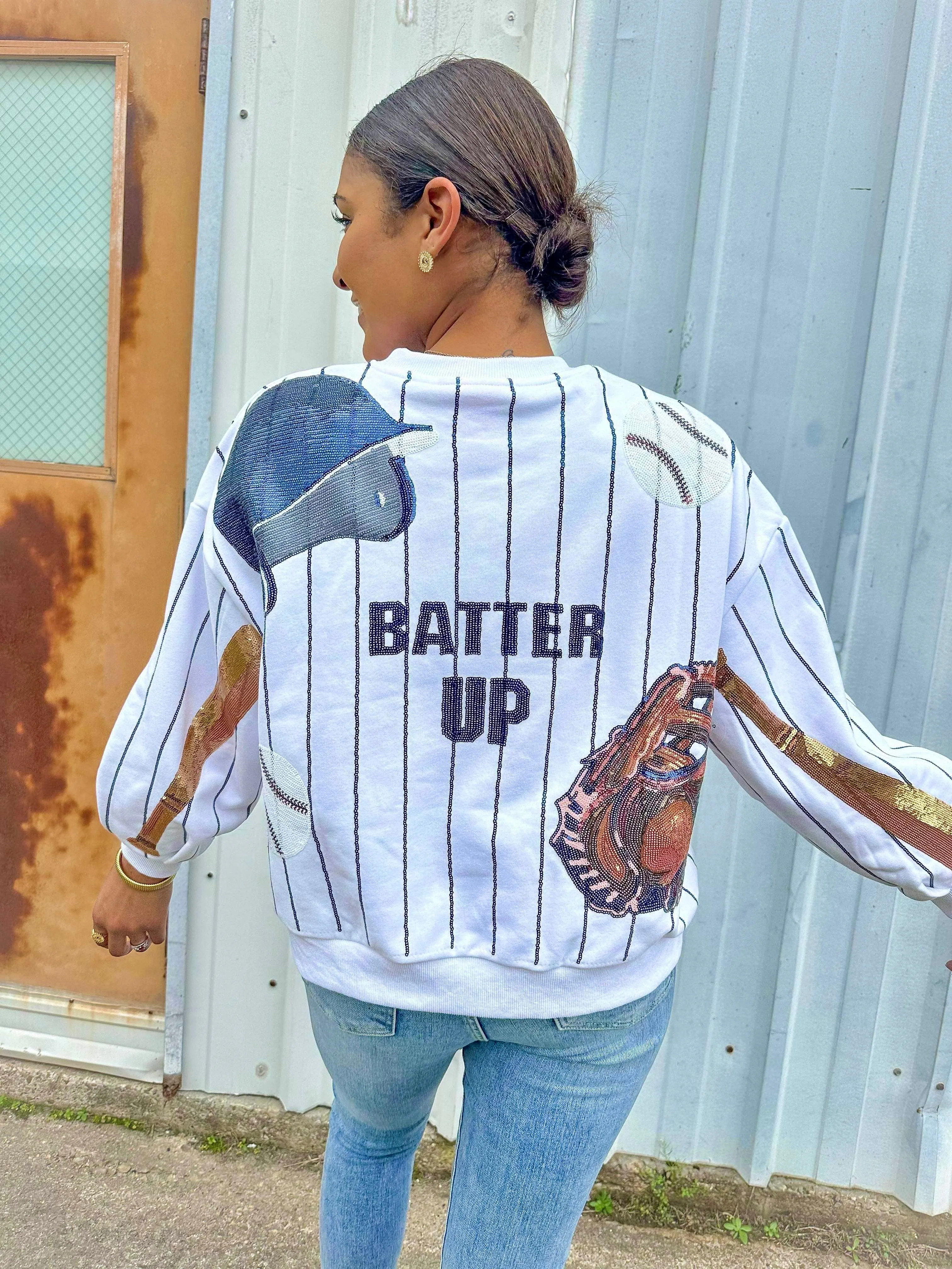 Queen Of Sparkles Baseball Queen Batter Up Sweater White/Navy