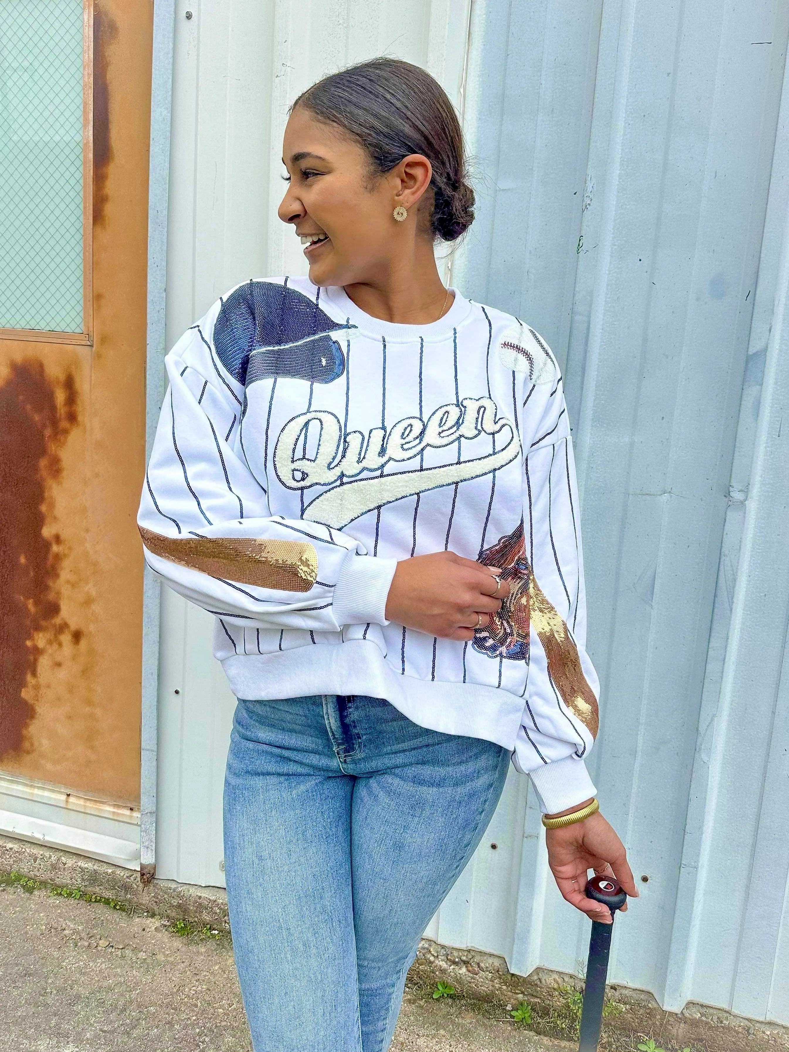 Queen Of Sparkles Baseball Queen Batter Up Sweater White/Navy