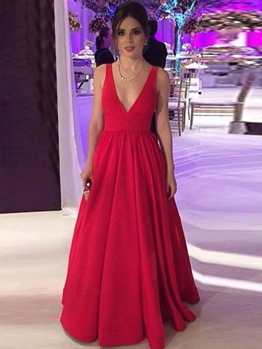 Red A Line V Neck Backless Long Prom, V Neck Red Formal, Red Evening Graduation