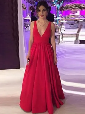 Red A Line V Neck Backless Long Prom, V Neck Red Formal, Red Evening Graduation