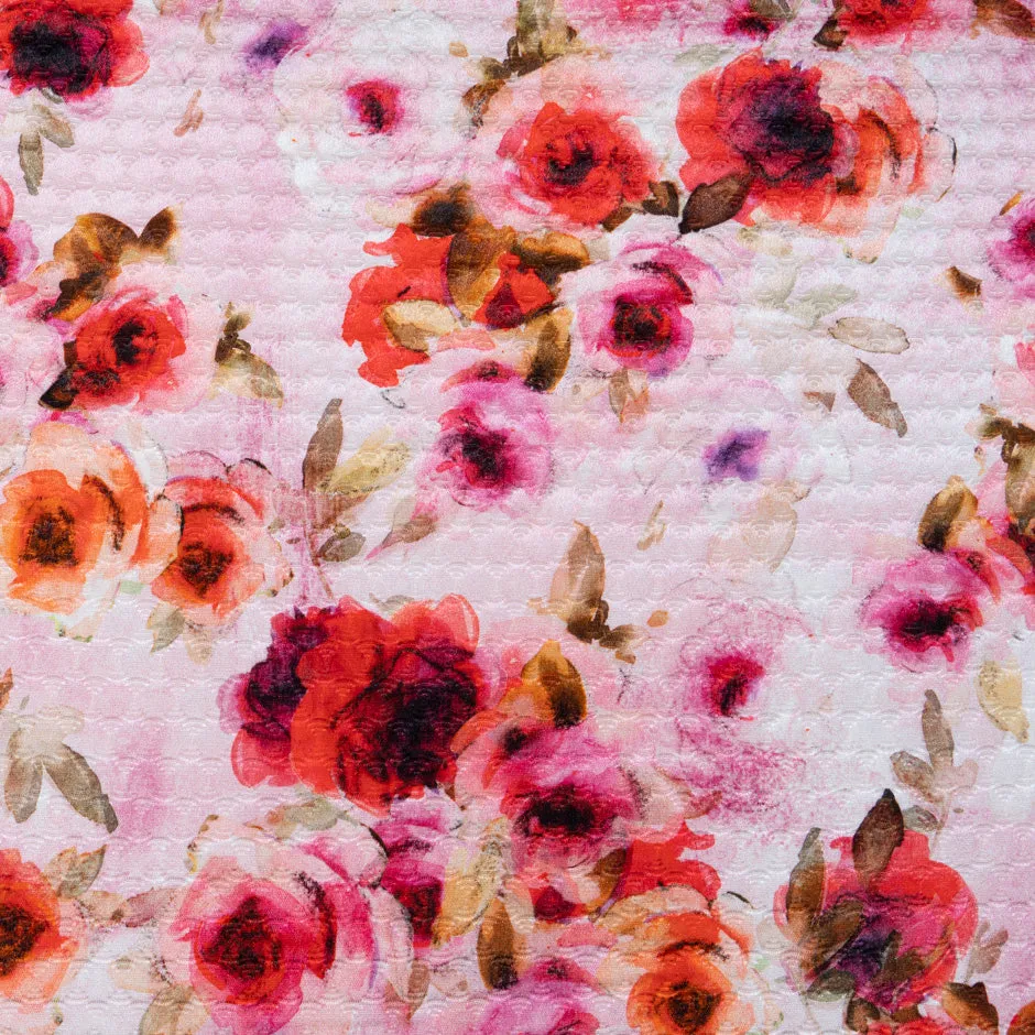 Red & Pink Rose Printed Cotton & Silk Blend Cloqué