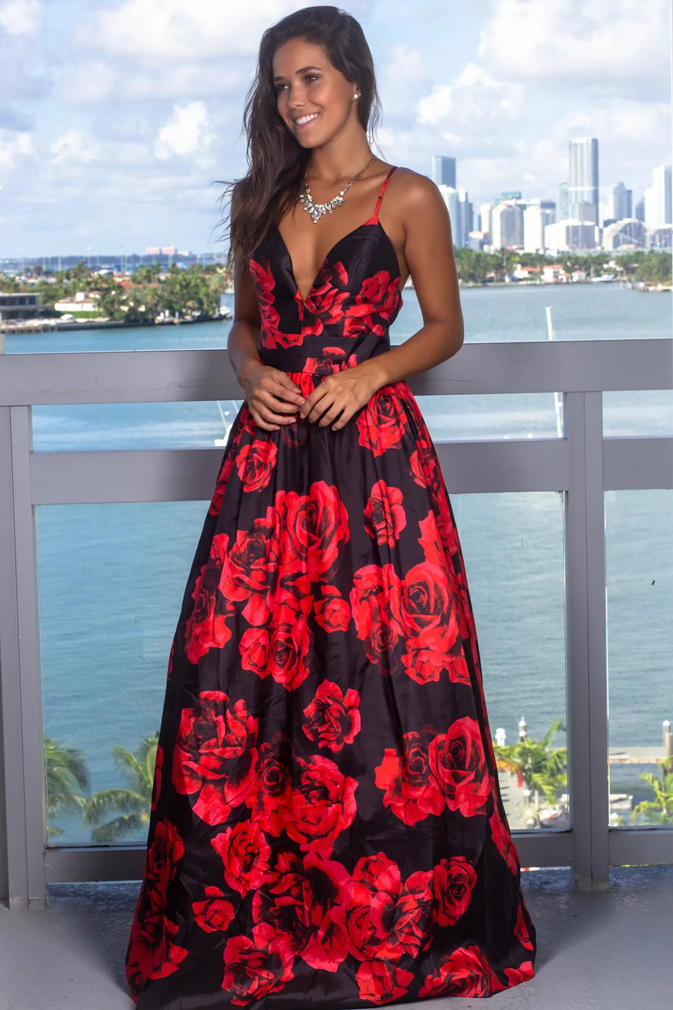 Red and Black Floral Maxi Dress with Criss Cross Back