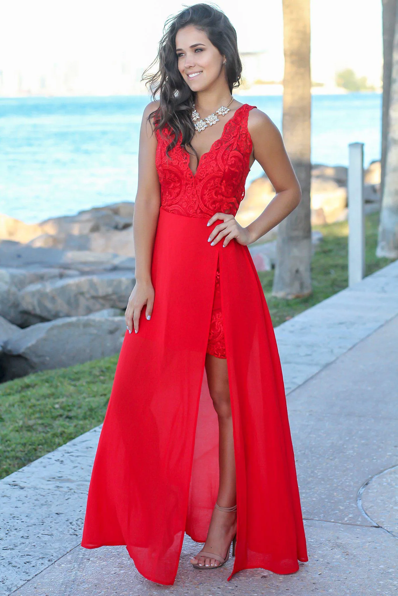 Red Embroidered Maxi Dress with Side Slit