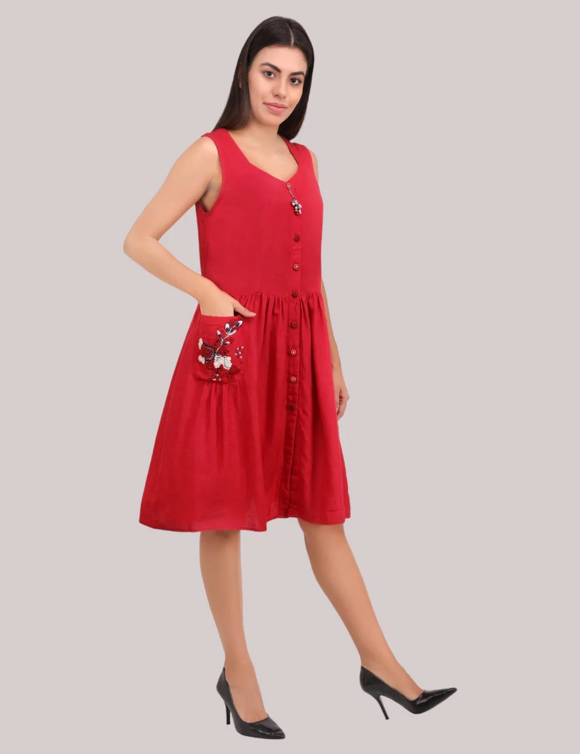 Red front open cotton linen dress