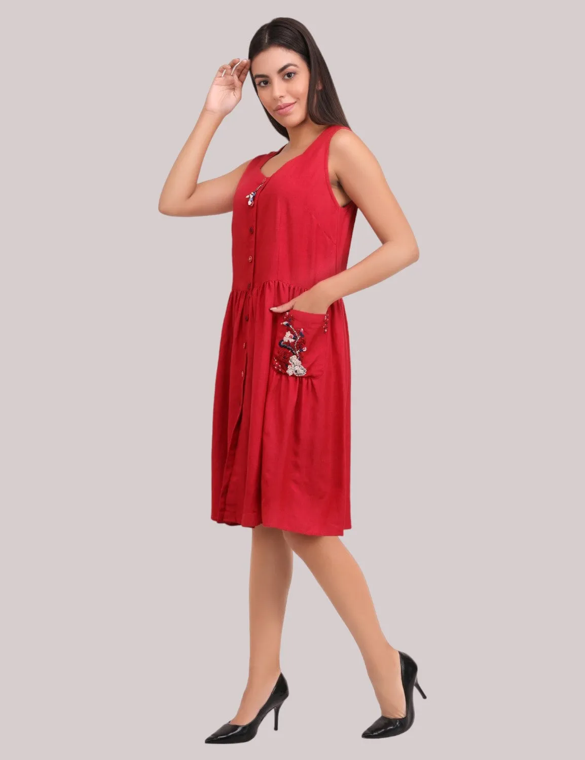 Red front open cotton linen dress