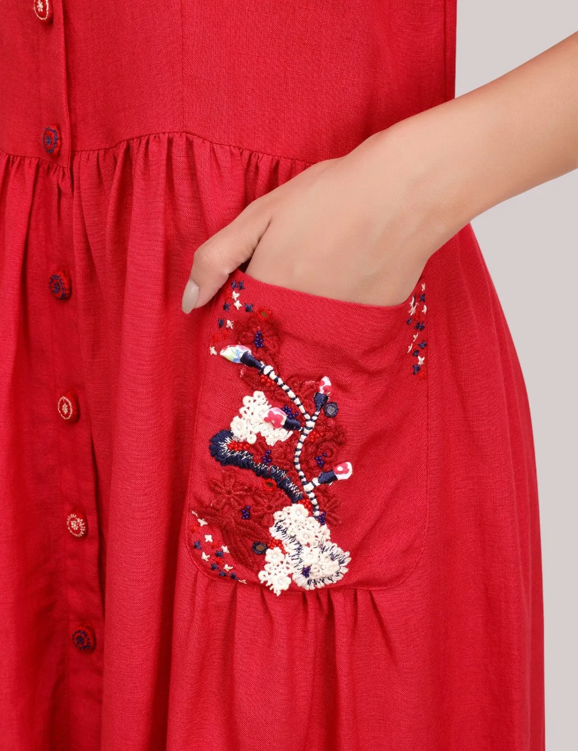 Red front open cotton linen dress