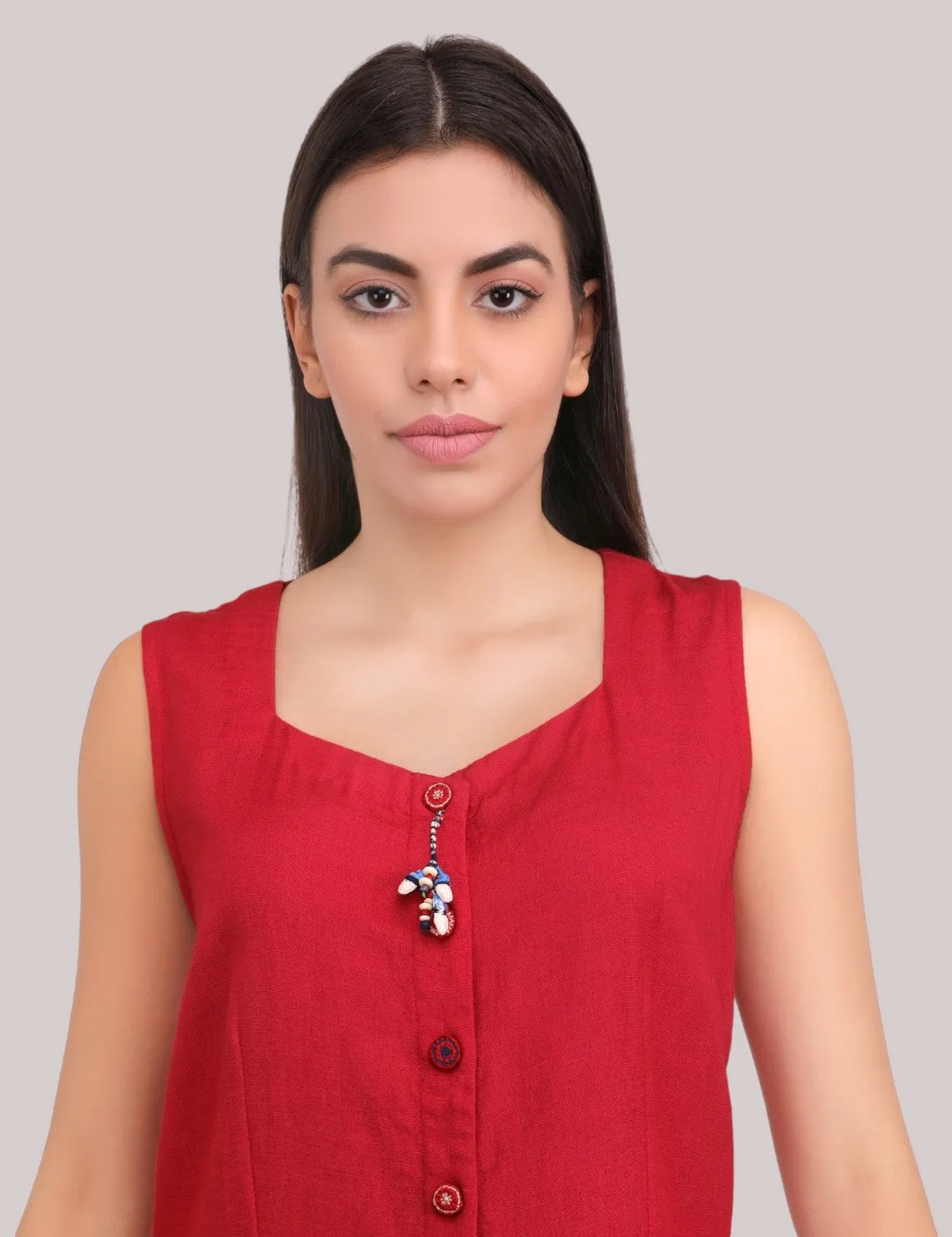 Red front open cotton linen dress