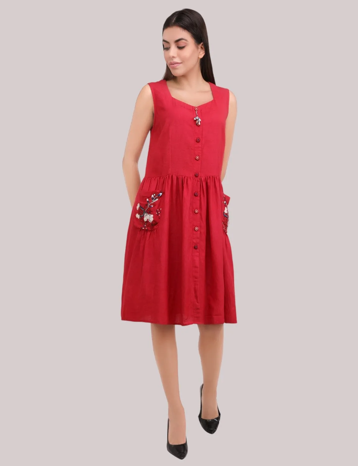 Red front open cotton linen dress