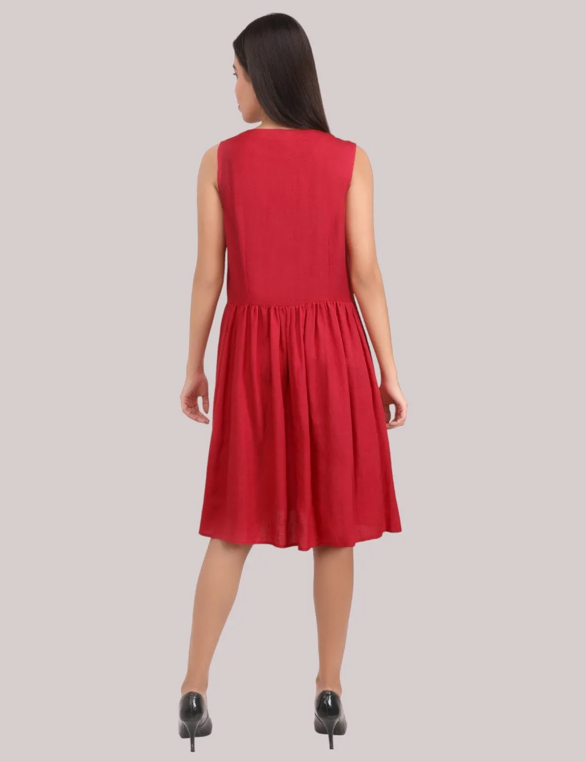 Red front open cotton linen dress