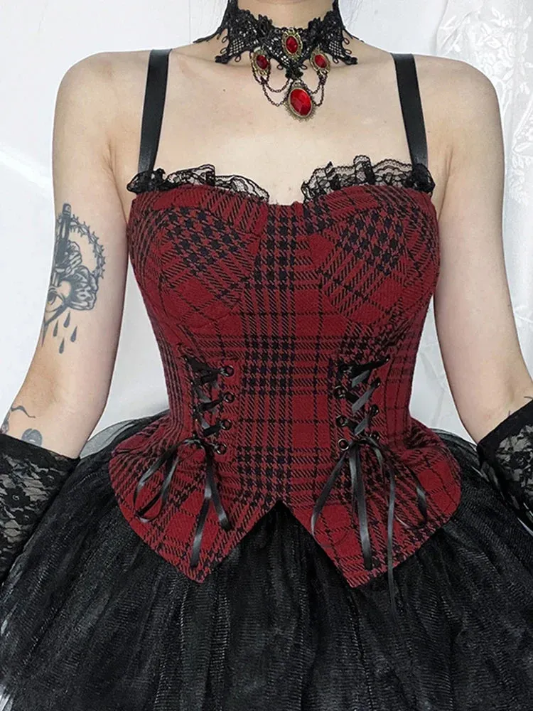 Red Sleeveless Goth Mall Aesthetic Bandage Crop Plaid Patchwork Cropped Top