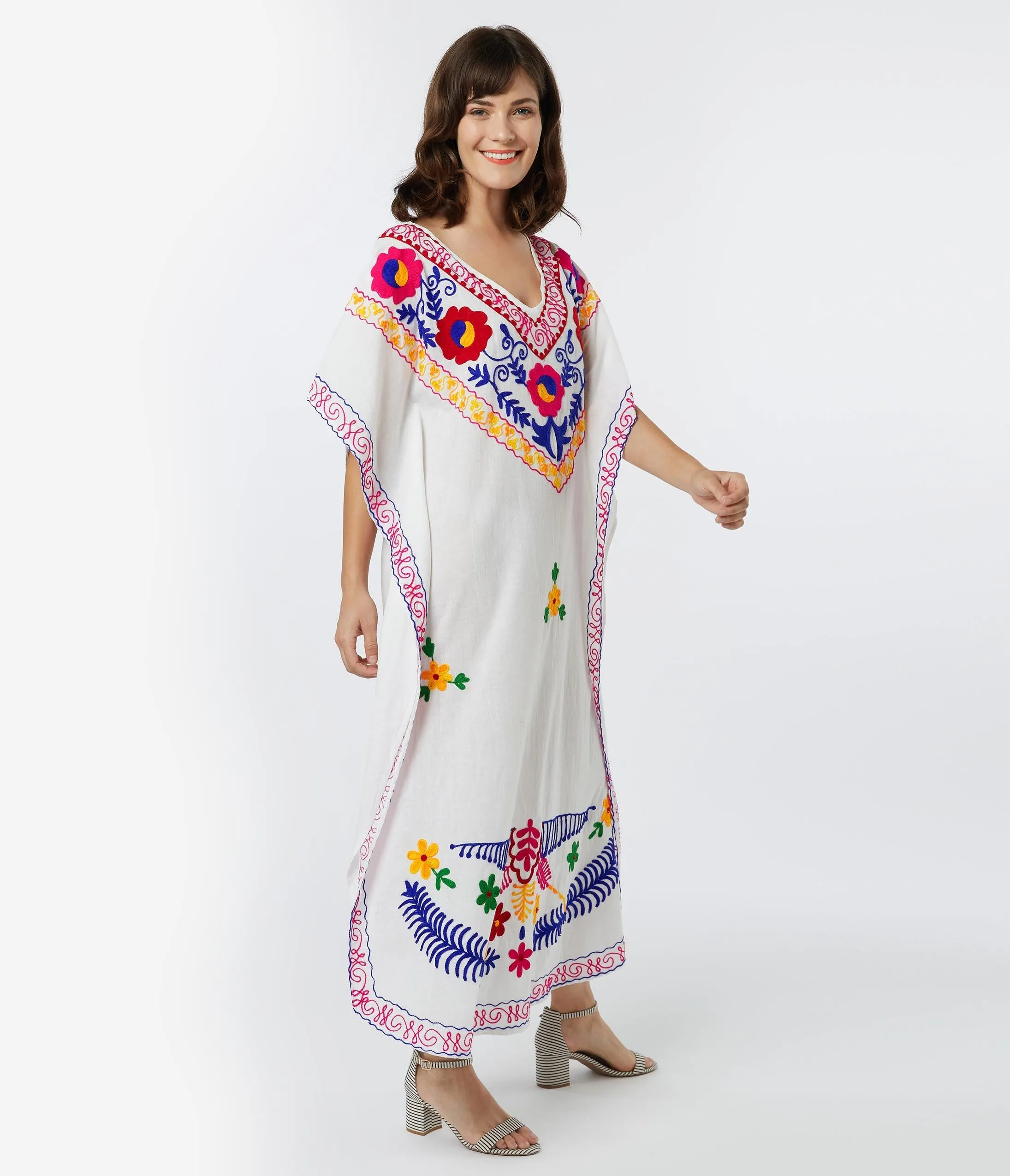 Retro Style White Embroidered Floral Caftan