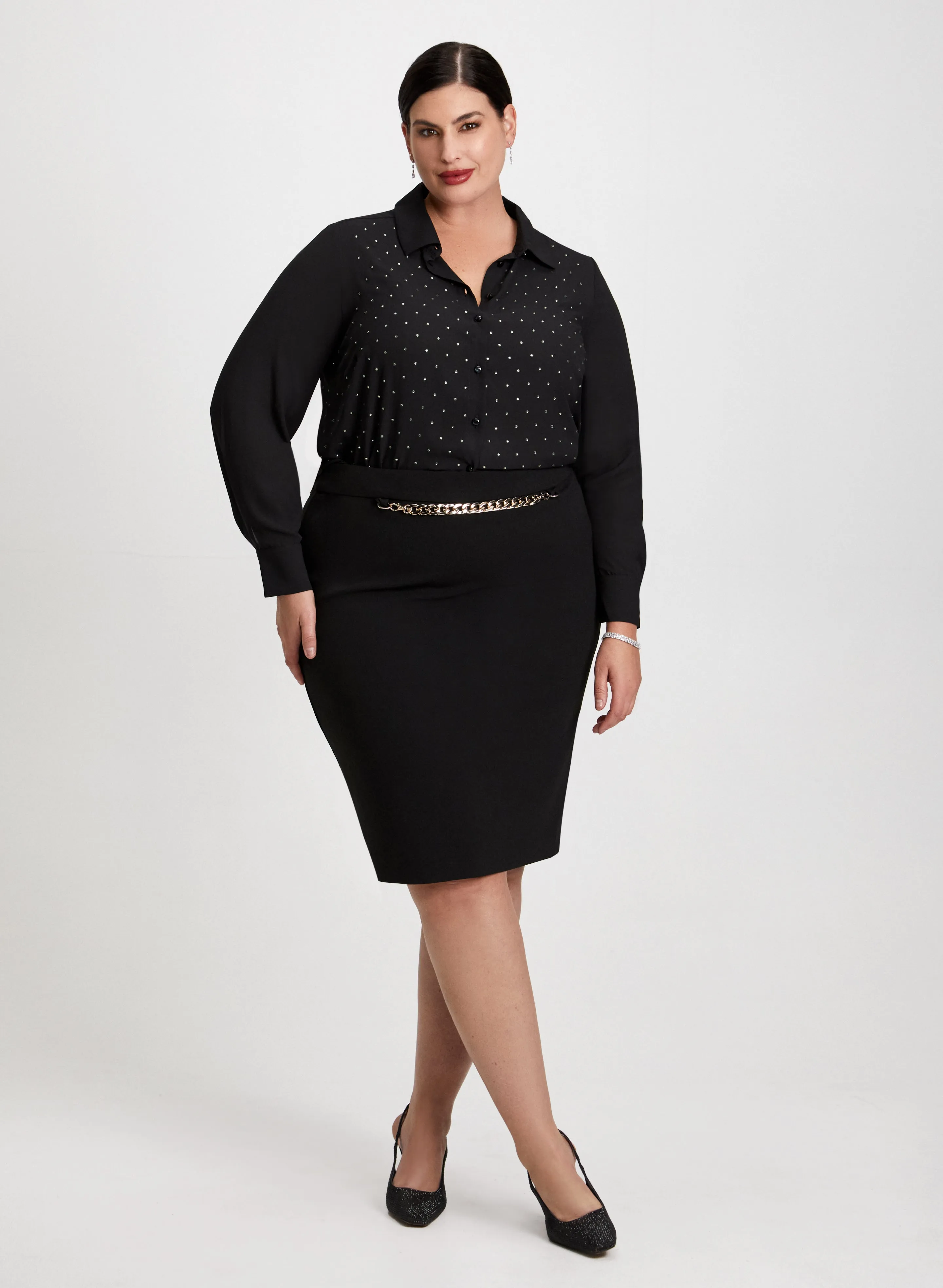 Rhinestone Detail Shirt & Pencil Skirt