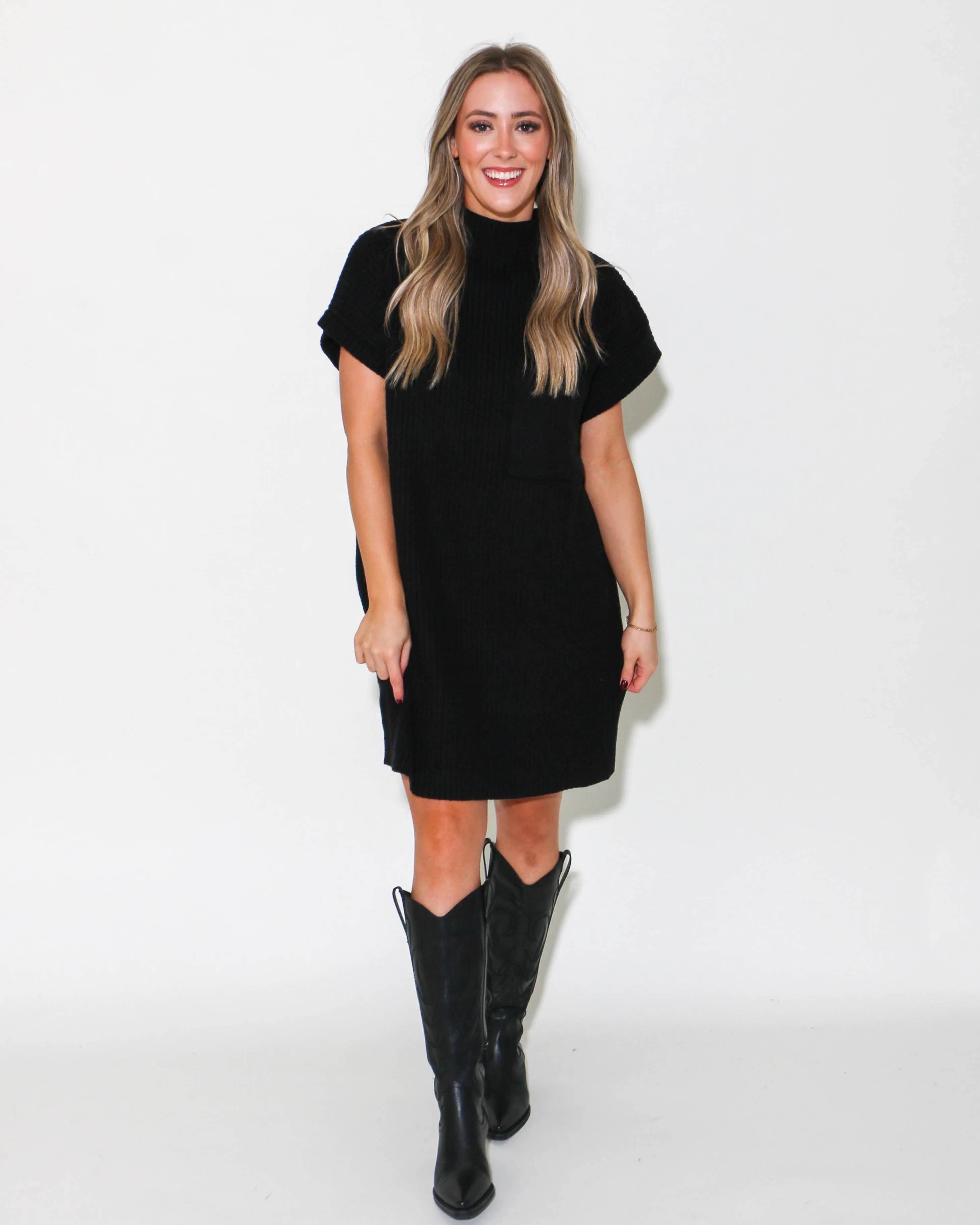 Ribbed Knit Cap Sleeve Sweater Mini Dress