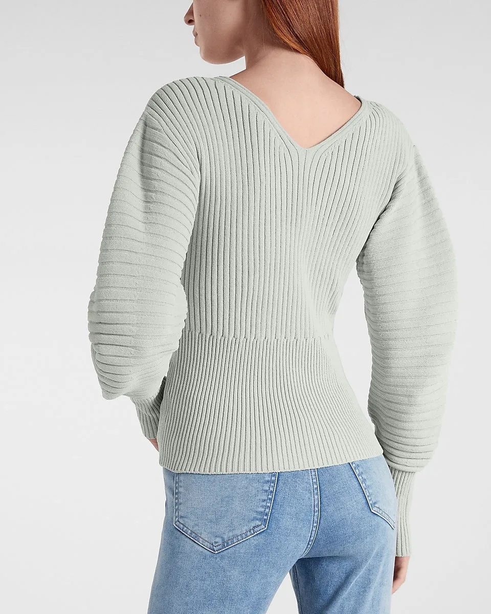 Ribbed Sculpted Sleeve V-Neck Sweater in Puritan Gray