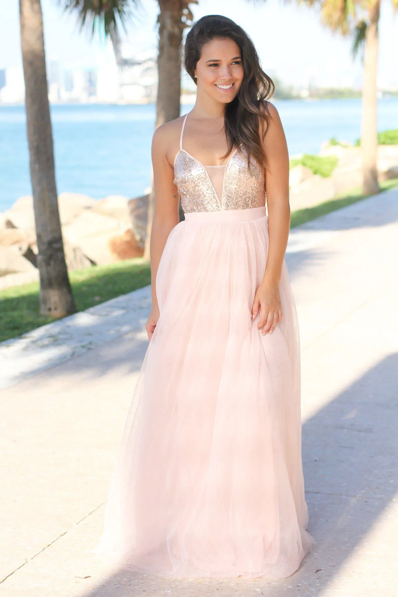 Rose Gold Sequin Maxi Dress with Tulle Skirt